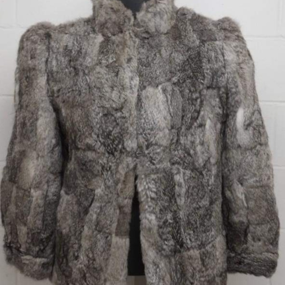 Grey Patchwork Rabbit Fur Coat - image 4